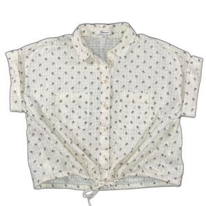 Madewell sz XS Lighthouse Print Drawstring Crop Button UpTop Cotton Ivory Boho